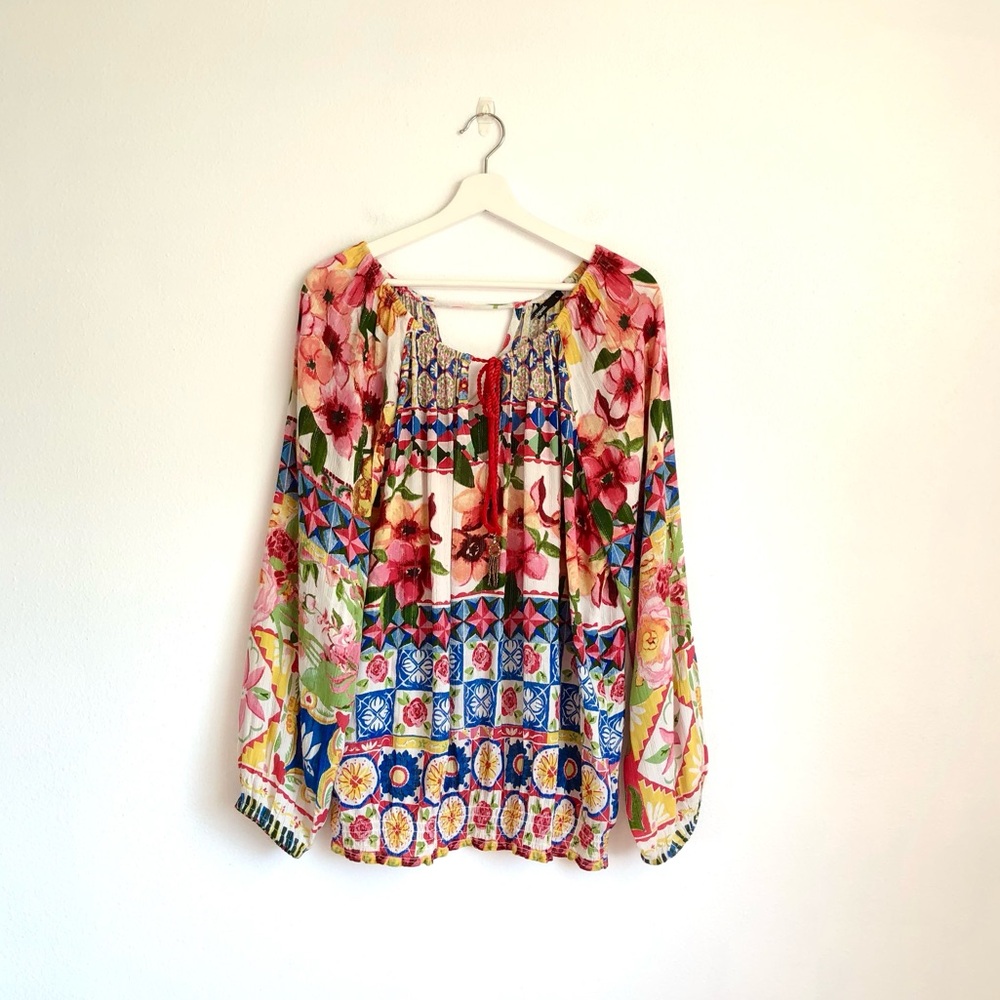 NWT Desigual Carola Colorful Tropical Floral Mix Print Blouse Top Size Large